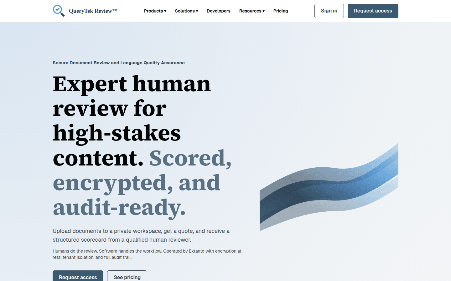The QueryTek Review home page hero with the request-access and pricing actions.