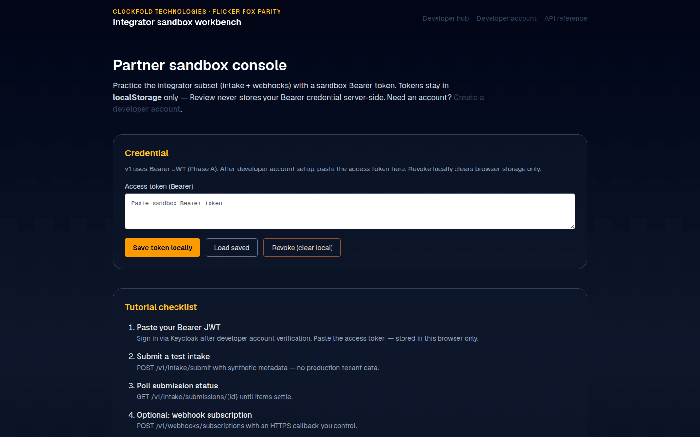 The integrator sandbox workbench page, where developers practice intake and webhook calls.