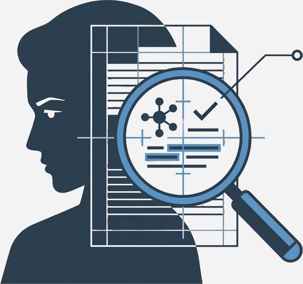 Illustration of a professional reviewer evaluating documents on a laptop.